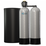 Water filtration system featuring two cylindrical tanks and a black storage container.