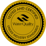 Gold seal with the text 'Tested and Certified Under Industry Standards' and a water quality logo.