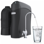 Kinetico drinking water station with a glass of water and a water bottle.