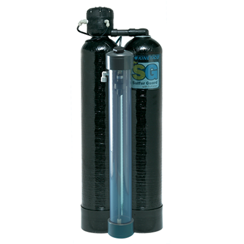 Kinetico Sulfur Guard water treatment system with dual tanks and a clear viewing tube.
