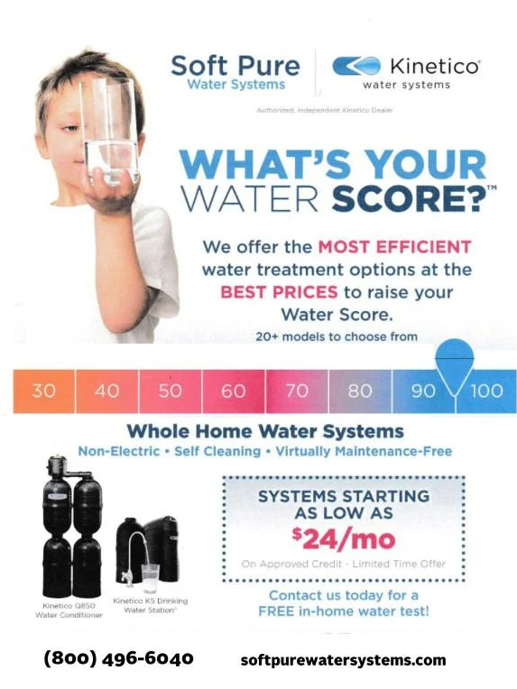Promotional flyer for Soft Pure Water Systems detailing water treatment options and pricing.