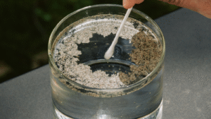 A glass of water with visible contaminants being stirred with a cotton swab.